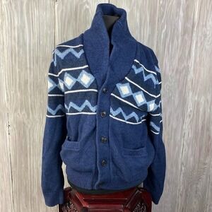 Gap Men's Sweater Geo Fair Isle Shawl Cardigan Size XL Blue Cotton Wool Cashmere